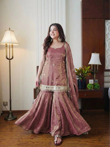 Alluring Fendy Silk Embroidery Sharara Suit