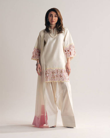 Exclusive Cream Silk with Moti Hand Work Sharara Suit