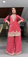 Charming Red Heavy Sequence Work Sharara Suit