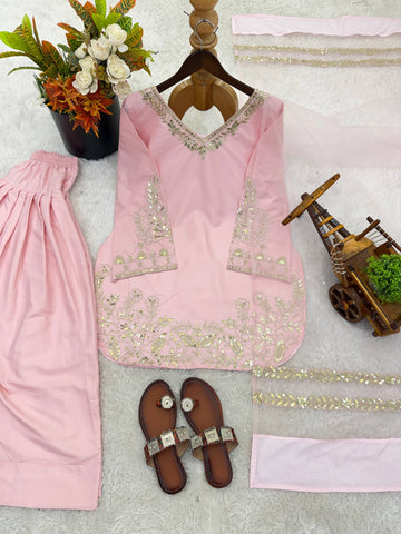 Elegant Pink Crepe Silk Embroidery Work Palazzo Suit