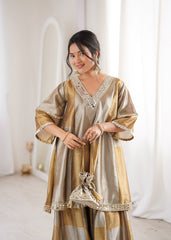 Lovely Golden Two-Tone Embroidered Mirror Work Sharara Suit