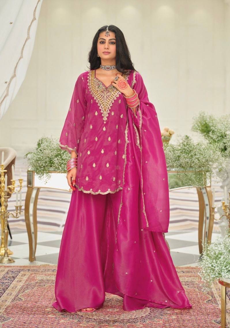 Gorgeous Pink Heavy Silk Embroidered Sharara Suit