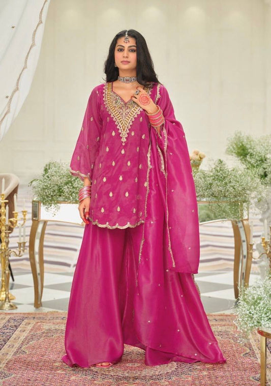 Gorgeous Pink Heavy Silk Embroidered Sharara Suit