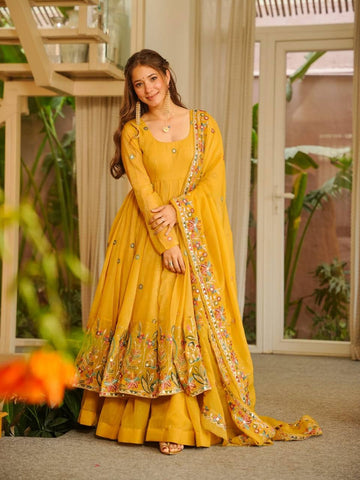 Mesmerizing Yellow Soft Silk with Sequins Embroidery Gown