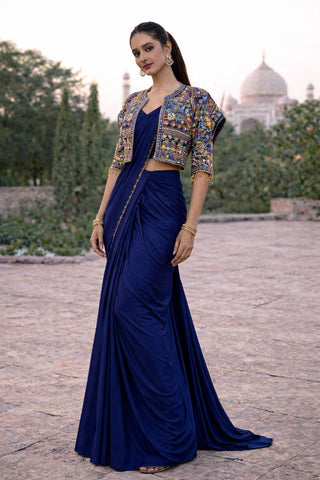 Amazing Blue Heavy Crepe Silk Embroidery Jacket With Saree