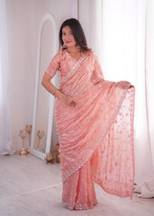 Opulent Peach Silk Saree with Beads Work