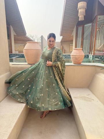 Amazing Pista Green Embroidery Anarkali Gown