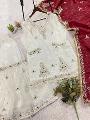 Lovely White Fandy Silk Sequence Embroidery Sharara Suit