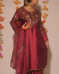 Amazing Maroon Heavy Satin with Embroidery Work Sharara Suit