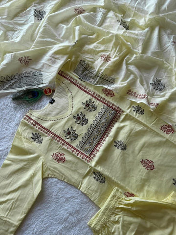 Exclusive Light Yellow Pure Cotton Hand Work Suit