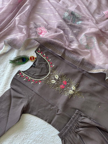 Lovely Vampire Grey Mul Chanderi Hand Work Suit