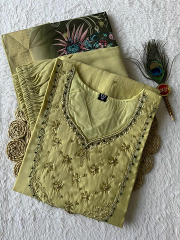 Exclusive Elaichi Mul Chanderi with Hand Work Suit