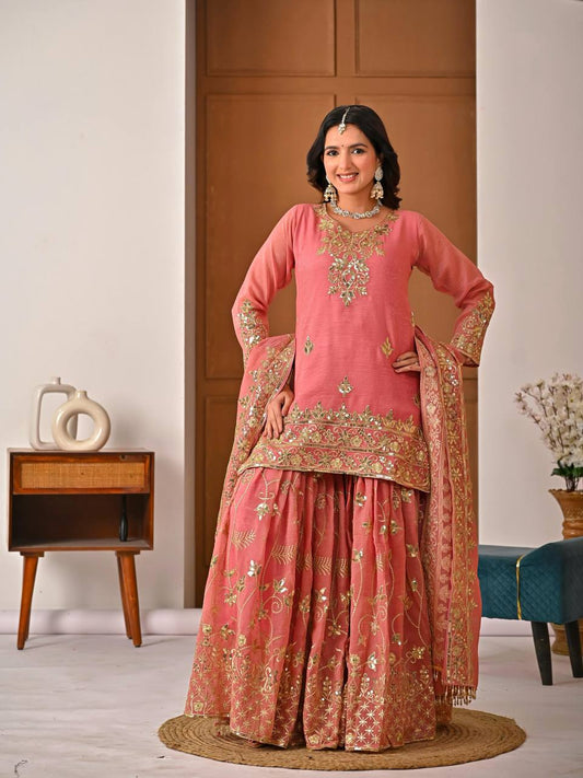 Charming Pink Silk with Sequence Work Sharara Suit