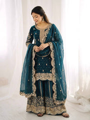 Captivating Orange Fendy Silk Embroidery Palazzo Suit