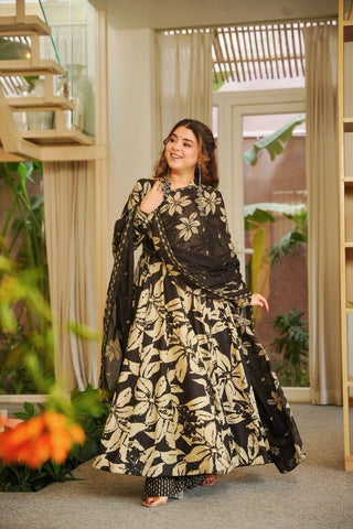 Awesome Black Maslin Cotton Digital Print Anarkali Suit