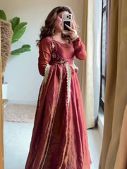 Stylish Red Color Silk with Koti Work Anarkali Suit