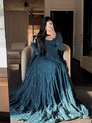 Amazing Teal Blue Georgette Silk Thread Embroidery Gown