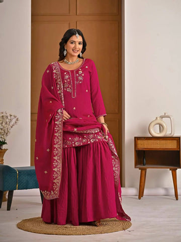 Beautiful Pink Vichitra Work Sharara Suit