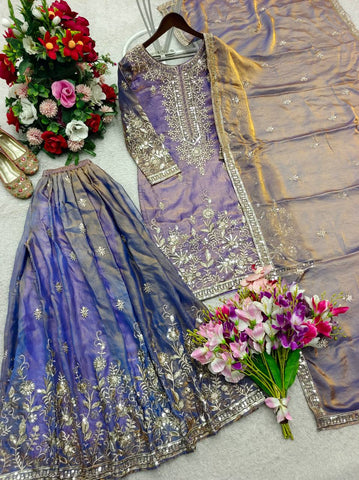 Lovely Lavender Silk Embroidery Work Sharara Suit