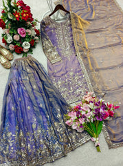 Lovely Lavender Silk Embroidery Work Sharara Suit