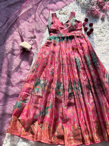 Stunning Pink Organza Silk Digital Printed Anarkali Gown