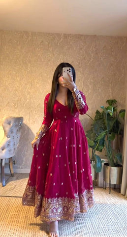 Exclusive Maroon Fandy Satin Silk with Heavy Embroidery Work Gown