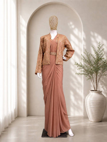 Exclusive Peach Heavy Crep Silk Embroidery Work Saree