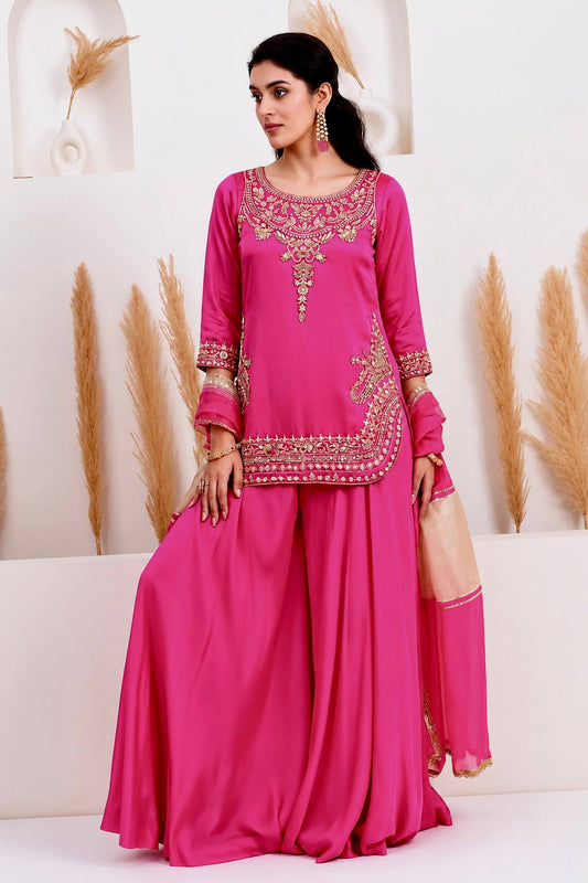 Amazing Pink Crepe Silk Embroidery Work Sharara Suit