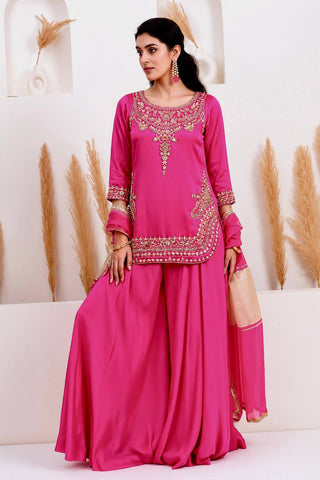 Amazing Pink Crepe Silk Embroidery Work Sharara Suit