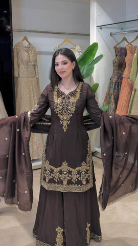 Elegant Brown Natural Crepe Silk Embroidery Work Palazzo Suit