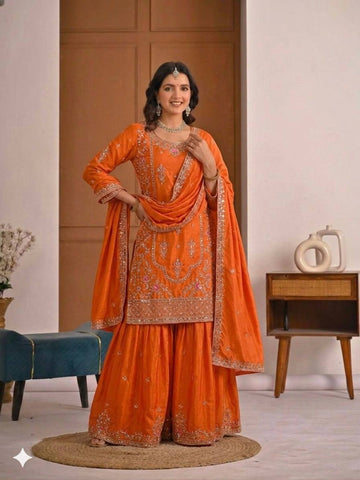 Beautiful Orange Natural Crep Embroidered Sharara Suit