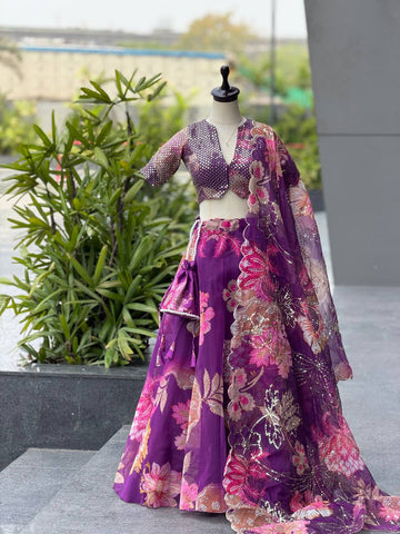 Shining Purple Organza Sequence Work Lehenga