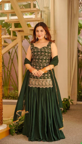 Green Faux Georgette Embroidery Sharara Suit