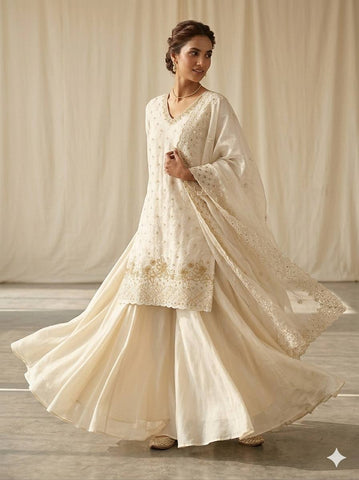 Lovely White Fendy with Beads Work Kurti Set