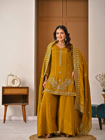 Awesome Mustard Heavy With Hand Work Sharara Suit