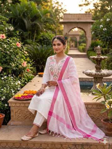 White Floral Embroidered Suit with Dupatta