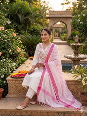 White Floral Embroidered Suit with Dupatta