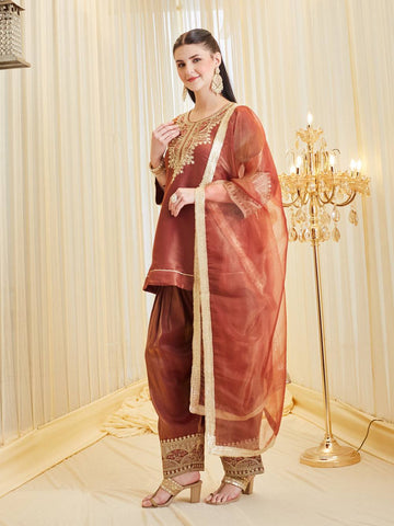 Brown Heavy Embroidery Work Sharara Suit