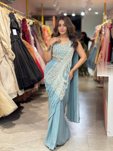 Sky Blue Peacock Embroidered Saree
