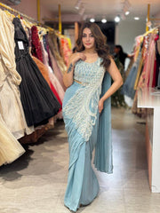 Sky Blue Peacock Embroidered Saree