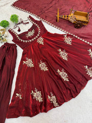 Stunning Maroon Pure Silk Embroidered Gown
