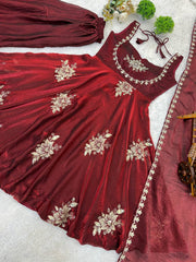 Stunning Maroon Pure Silk Embroidered Gown