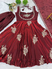 Stunning Maroon Pure Silk Embroidered Gown