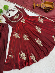 Stunning Maroon Pure Silk Embroidered Gown