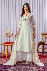 Lovely White Mango Silk with Multi Embroidery Kurti Set