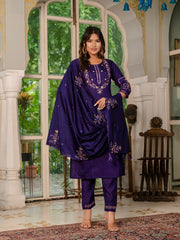 Amazing Violet Marina Silk Multi Embroidery With Hand Work Kurti Set