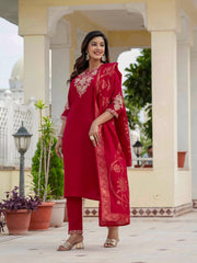 Exclusive Maroon Roman Silk Coding Embroidery Kurti Set