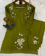 Alluring Green Heavy Viscose Rayon with Multi Embroidery Thread Work Co-Ords Set