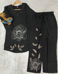 Attractive Black Viscose Rayon Multi Embroidery Work Co-Ord Set