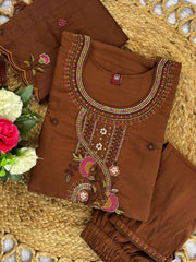 Stylish Brown Roman Silk with Thread Work Kurti Set